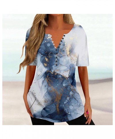 Women Shirts Casual Henley Button Down Blouses Short Sleeve Marble Print Tunic Tops V Neck Summer Aesthetic Clothes Ar587-roy...