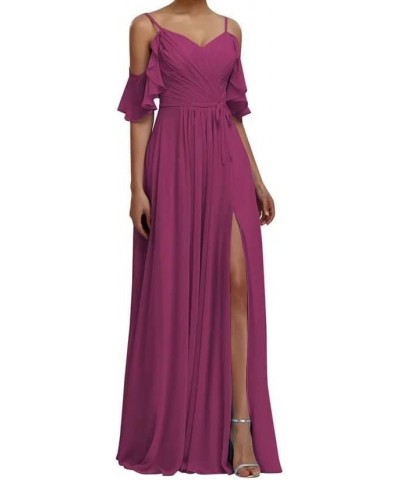 Cold Shoulder Bridesmaid Dresses Long V Neck Pleated Chiffon Prom Dress with Slit Flowy Ruffles Wedding Gown CO16 Fuchsia $13...