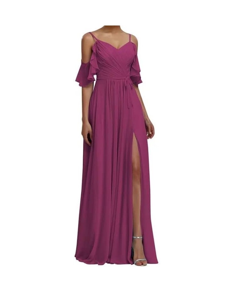 Cold Shoulder Bridesmaid Dresses Long V Neck Pleated Chiffon Prom Dress with Slit Flowy Ruffles Wedding Gown CO16 Fuchsia $13...