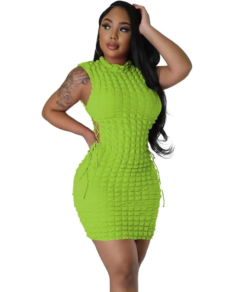 Women's Sexy Bodycon Mini Dress Crew Neck Sleeveless Hollow Out Drawstring Plaid Y2K Party Clubwear Dresses Green $14.99 Dresses