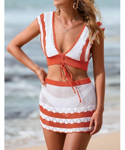 Women's Crochet Cover Ups Set Short Sleeve V Neck Hollow Out 2 Piece Swimsuit Coverup Orange $23.39 Swimsuits