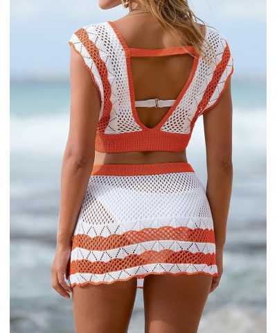 Women's Crochet Cover Ups Set Short Sleeve V Neck Hollow Out 2 Piece Swimsuit Coverup Orange $23.39 Swimsuits