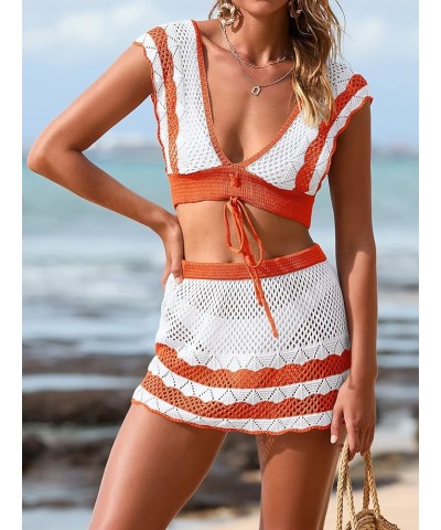 Women's Crochet Cover Ups Set Short Sleeve V Neck Hollow Out 2 Piece Swimsuit Coverup Orange $23.39 Swimsuits