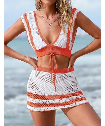 Women's Crochet Cover Ups Set Short Sleeve V Neck Hollow Out 2 Piece Swimsuit Coverup Orange $23.39 Swimsuits