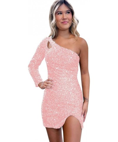 Women's One Shoulder Sequin Homecoming Dress Short Sparkly Long Sleeve Prom Party Gowns for Teens Blush Pink $23.65 Dresses