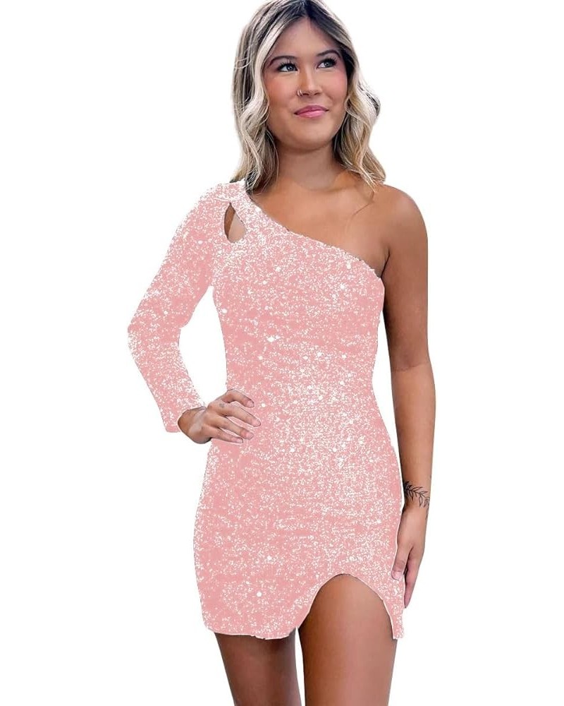 Women's One Shoulder Sequin Homecoming Dress Short Sparkly Long Sleeve Prom Party Gowns for Teens Blush Pink $23.65 Dresses