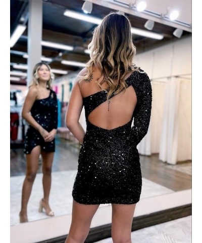 Women's One Shoulder Sequin Homecoming Dress Short Sparkly Long Sleeve Prom Party Gowns for Teens Blush Pink $23.65 Dresses