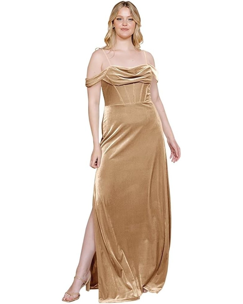 Velvet Off Shoulder Long Bridesmaid Dresses Cowl Neck Formal Gowns Evening Dress with Slit Champagne $27.50 Dresses