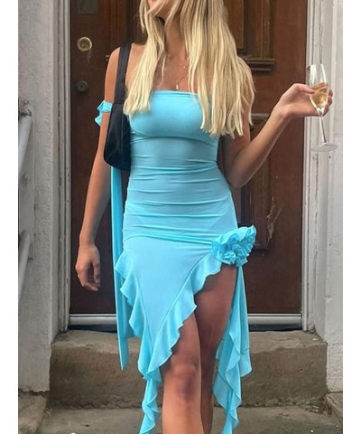 Sexy Tube Top Dress for Women Strapless 3D Floral Tassels Long Dress Summer Party Club Bodycon Midi Dress Blue $12.74 Dresses