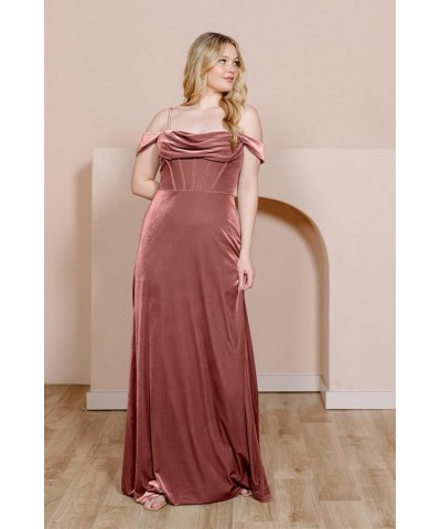 Velvet Off Shoulder Long Bridesmaid Dresses Cowl Neck Formal Gowns Evening Dress with Slit Champagne $27.50 Dresses