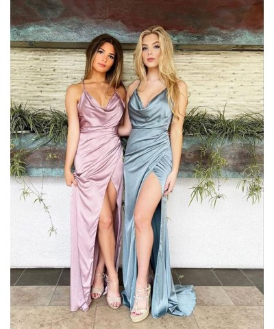 Cowl Neck Satin Bridesmaid Dresses for Wedding Mermaid Spaghetti Straps Long Prom Party Gown with Slit Turquoise $23.10 Dresses