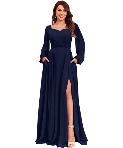 Long Sleeve Bridesmaid Dresses for Women Chiffon A-line Formal Evening Dresses with Slit Navy $26.65 Dresses