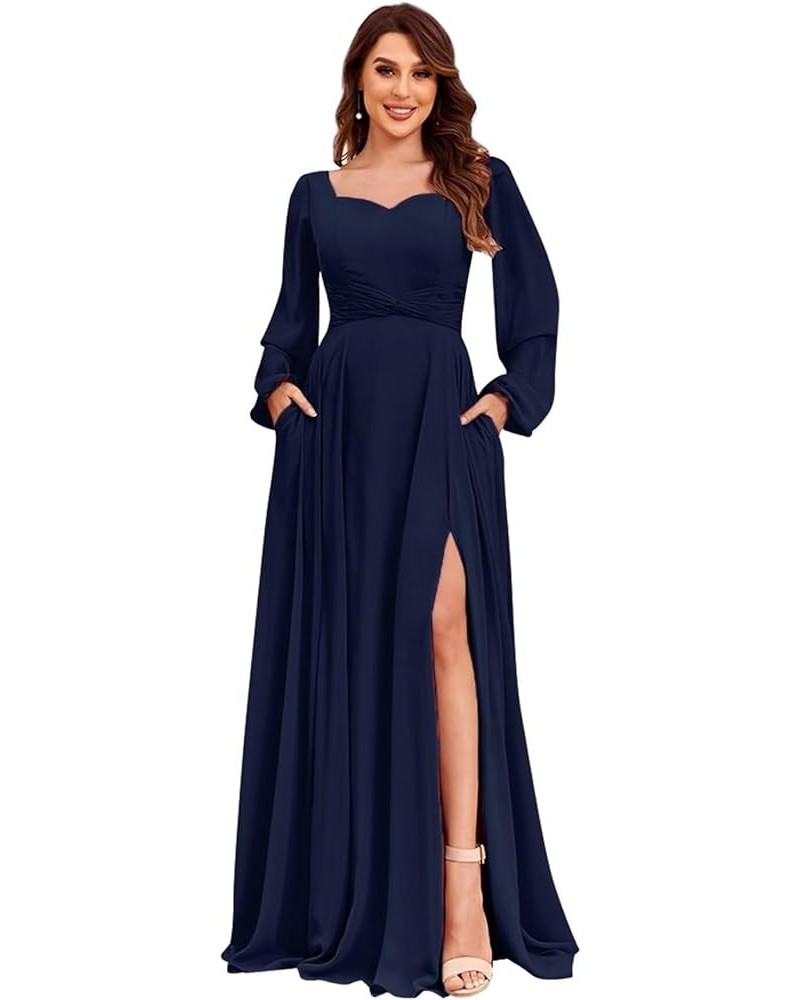 Long Sleeve Bridesmaid Dresses for Women Chiffon A-line Formal Evening Dresses with Slit Navy $26.65 Dresses