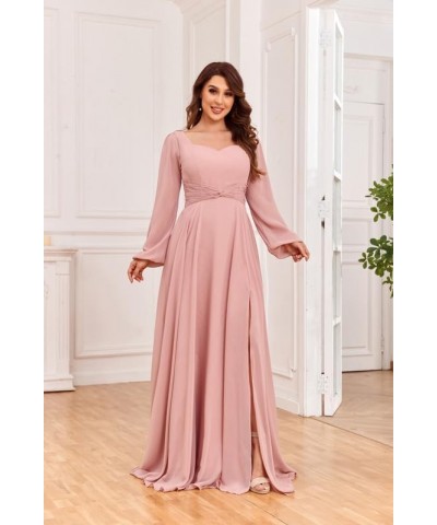 Long Sleeve Bridesmaid Dresses for Women Chiffon A-line Formal Evening Dresses with Slit Navy $26.65 Dresses