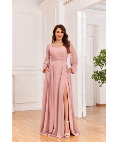 Long Sleeve Bridesmaid Dresses for Women Chiffon A-line Formal Evening Dresses with Slit Navy $26.65 Dresses