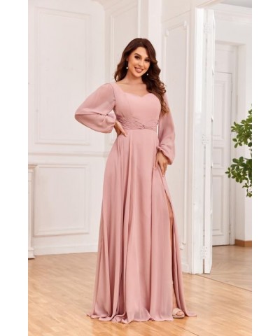 Long Sleeve Bridesmaid Dresses for Women Chiffon A-line Formal Evening Dresses with Slit Navy $26.65 Dresses