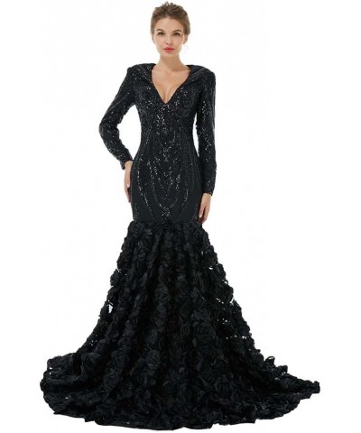 V-Neck Sequin Mermaid Organza Prom Evening Dresses Pageant Formal Ball Gown Shower Party Dress Long Sleeves Black $92.56 Dresses