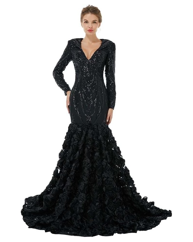 V-Neck Sequin Mermaid Organza Prom Evening Dresses Pageant Formal Ball Gown Shower Party Dress Long Sleeves Black $92.56 Dresses