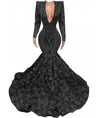 V-Neck Sequin Mermaid Organza Prom Evening Dresses Pageant Formal Ball Gown Shower Party Dress Long Sleeves Black $92.56 Dresses