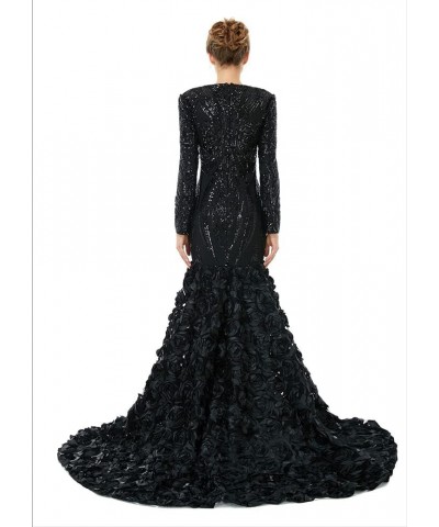 V-Neck Sequin Mermaid Organza Prom Evening Dresses Pageant Formal Ball Gown Shower Party Dress Long Sleeves Black $92.56 Dresses