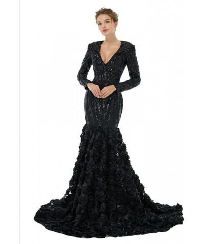 V-Neck Sequin Mermaid Organza Prom Evening Dresses Pageant Formal Ball Gown Shower Party Dress Long Sleeves Black $92.56 Dresses