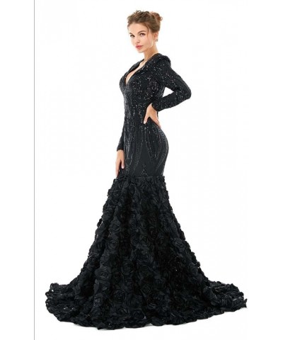 V-Neck Sequin Mermaid Organza Prom Evening Dresses Pageant Formal Ball Gown Shower Party Dress Long Sleeves Black $92.56 Dresses