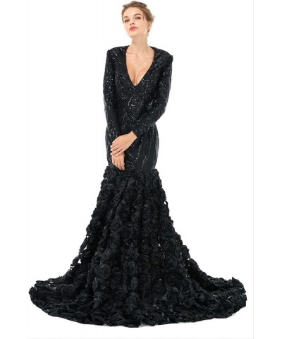 V-Neck Sequin Mermaid Organza Prom Evening Dresses Pageant Formal Ball Gown Shower Party Dress Long Sleeves Black $92.56 Dresses