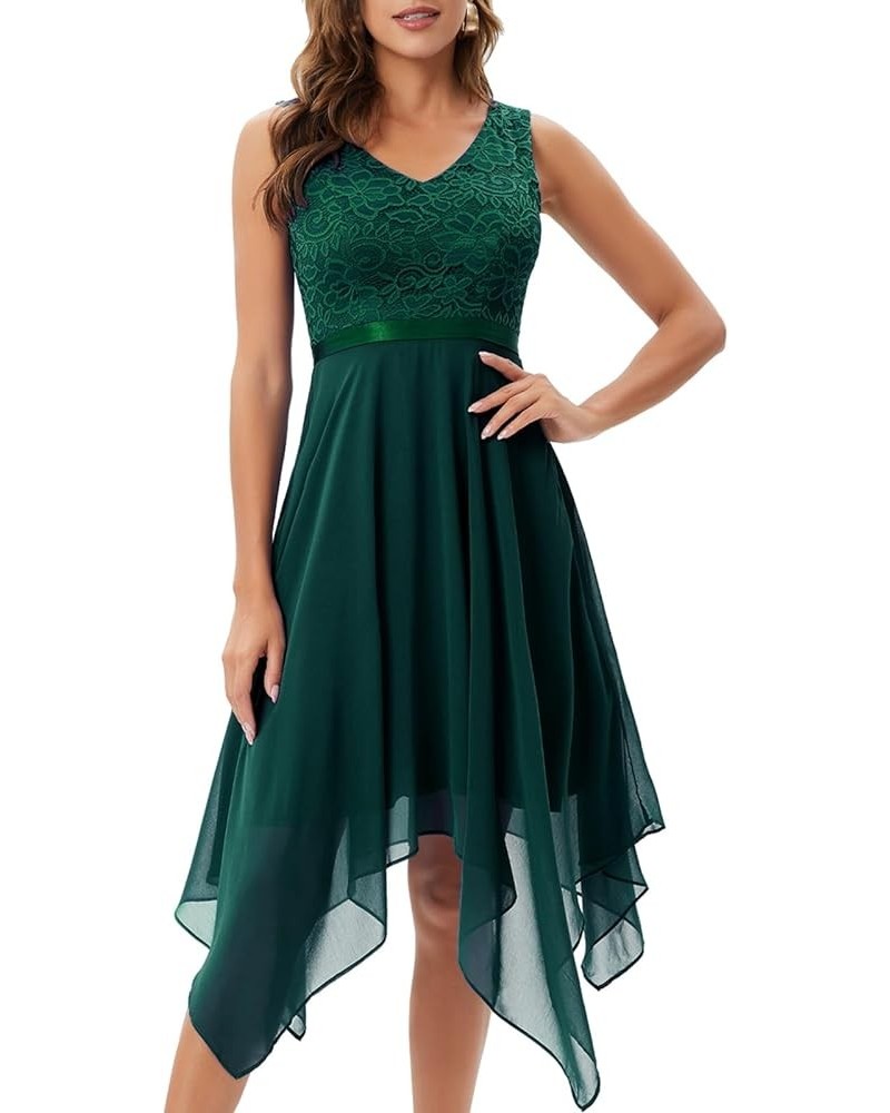 Women's Lace Cocktail Party Dress 2024 Handkerchief Hem Bridesmaid Prom Dress Formal Dresses for Wedding Guest Dark Green_chi...