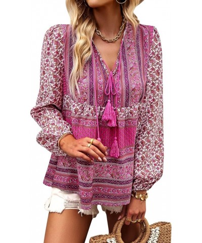 Women's Casual Boho V Neck Top Loose Floral Printed Long Sleeve Beach Shirts Blouses Pink-2013 $21.59 Tops