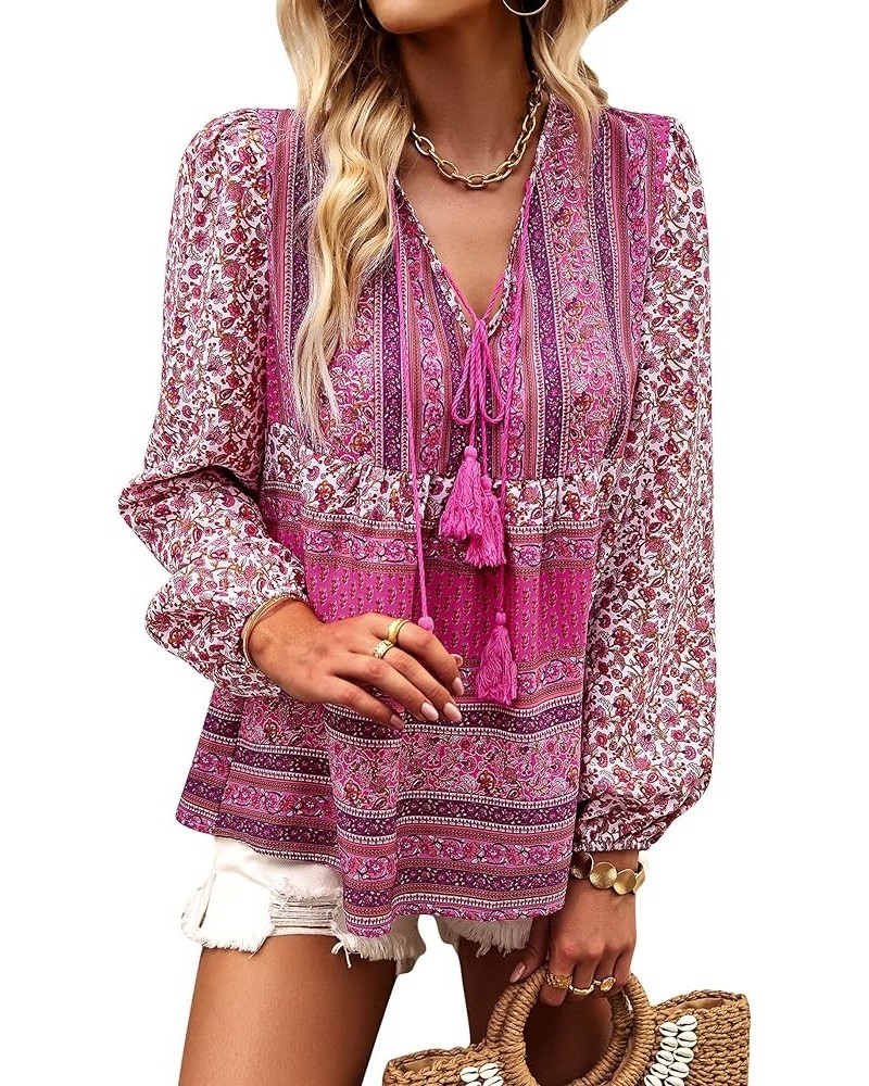 Women's Casual Boho V Neck Top Loose Floral Printed Long Sleeve Beach Shirts Blouses Pink-2013 $21.59 Tops