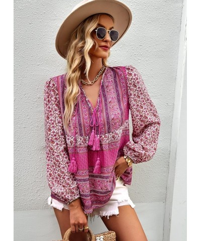 Women's Casual Boho V Neck Top Loose Floral Printed Long Sleeve Beach Shirts Blouses Pink-2013 $21.59 Tops