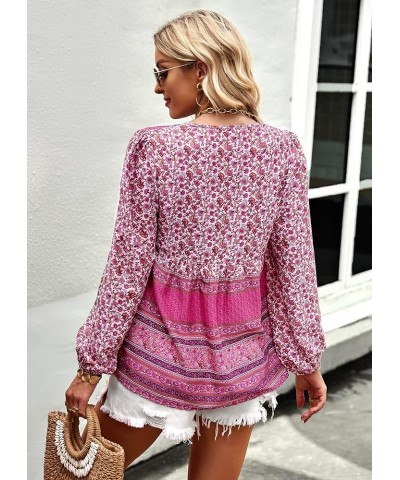 Women's Casual Boho V Neck Top Loose Floral Printed Long Sleeve Beach Shirts Blouses Pink-2013 $21.59 Tops