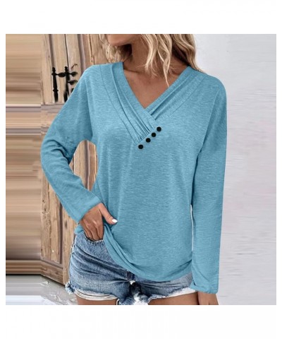 Women Pleated V Neck Blouse with Button Full Sleeve Graphic Tee Pullover Blouse Ruffle Hem Sweatshirt Button Tunic 05 Light B...