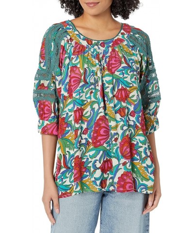 Women's Printed Top with Lace Trims Multi $11.58 Jeans