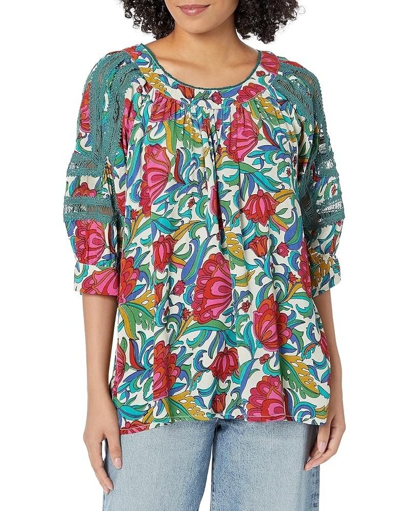 Women's Printed Top with Lace Trims Multi $11.58 Jeans