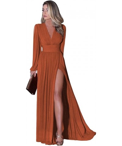 Long Sleeve Bridesmaid Dresses for Wedding Women 2024 Chiffon V-Neck Pleated Prom Formal Evening Gown with Slit Burnt Orange ...