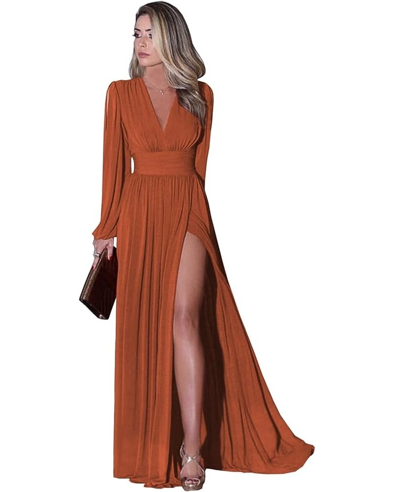 Long Sleeve Bridesmaid Dresses for Wedding Women 2024 Chiffon V-Neck Pleated Prom Formal Evening Gown with Slit Burnt Orange ...