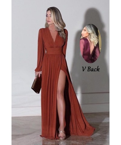 Long Sleeve Bridesmaid Dresses for Wedding Women 2024 Chiffon V-Neck Pleated Prom Formal Evening Gown with Slit Burnt Orange ...