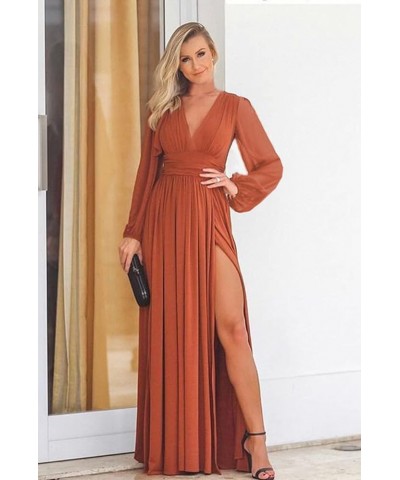 Long Sleeve Bridesmaid Dresses for Wedding Women 2024 Chiffon V-Neck Pleated Prom Formal Evening Gown with Slit Burnt Orange ...