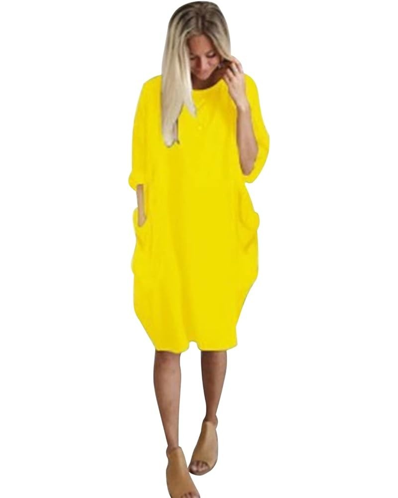 Women Loose Bodycon Drawstring Dress Plus Size Solid Crew Neck Long Sleeve Casual Stretch Short Dresses with Pockets Yellow $...