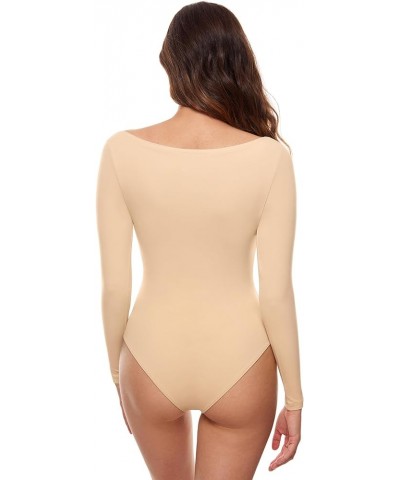 Women's Natrelax Long Sleeve Bodysuit Boat Neck Stretchy Basic Tops Tan Milkshake $15.54 Bodysuits