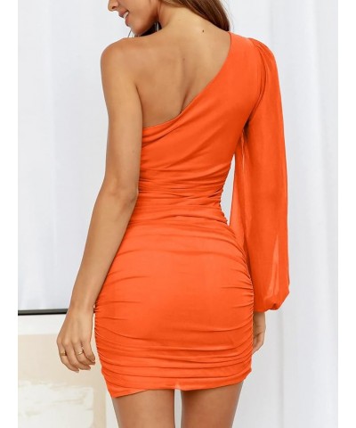 Women's One Shoulder Ruched Bodycon Mini Dress Puff Long Sleeve Sexy Cocktail Party Short Dress Z-orange $17.22 Dresses