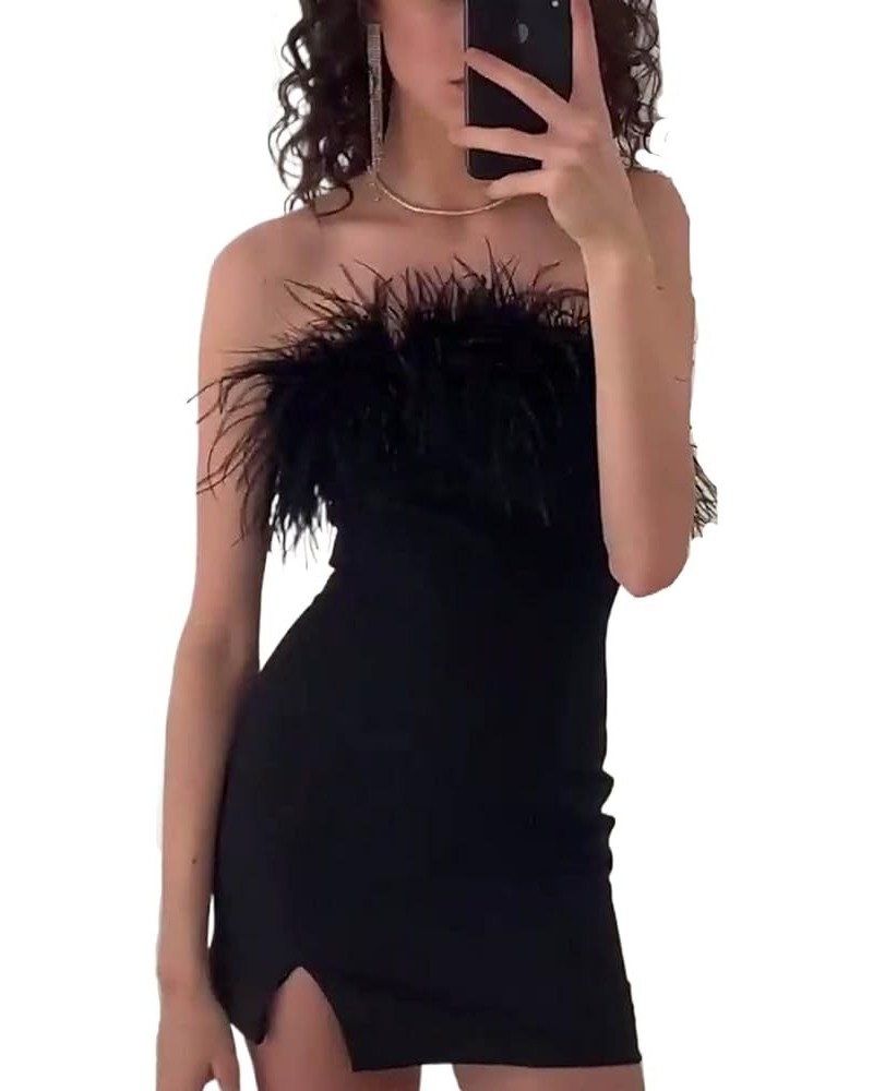 Women Furry Trim Hooded Short Christmas Dress Fluffy Low Cut Bodycon Mini Dress Y2K Sexy Xmas Party Dress Clubwear E-black $9...