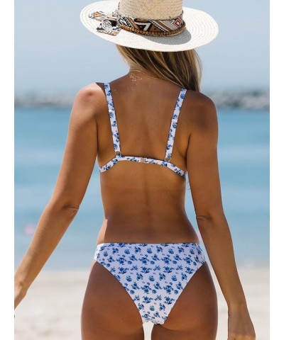 Women's 2 Piece Floral High Cut Ring Linked Triangle Bikini Swimsuit Bathing Suit White $13.76 Swimsuits