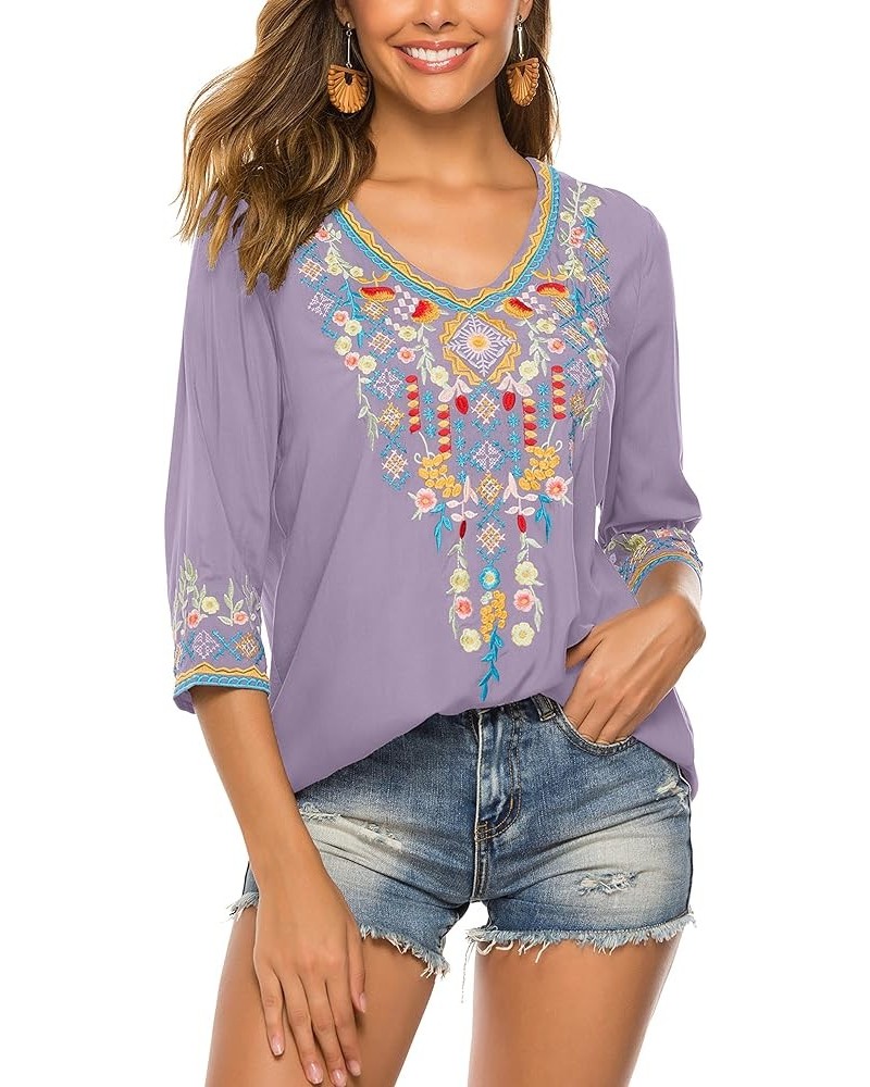 Mexican Embroidered Shirts for Women Bohemian Tops Peasant 3/4 Sleeve V Neck Shirt Tunic Blouses Light Purple $24.78 Tops