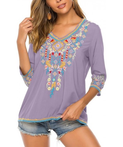 Mexican Embroidered Shirts for Women Bohemian Tops Peasant 3/4 Sleeve V Neck Shirt Tunic Blouses Light Purple $24.78 Tops