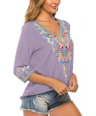 Mexican Embroidered Shirts for Women Bohemian Tops Peasant 3/4 Sleeve V Neck Shirt Tunic Blouses Light Purple $24.78 Tops