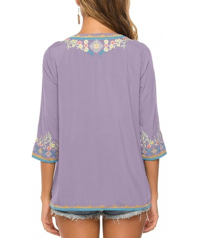 Mexican Embroidered Shirts for Women Bohemian Tops Peasant 3/4 Sleeve V Neck Shirt Tunic Blouses Light Purple $24.78 Tops