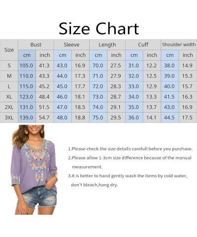 Mexican Embroidered Shirts for Women Bohemian Tops Peasant 3/4 Sleeve V Neck Shirt Tunic Blouses Light Purple $24.78 Tops