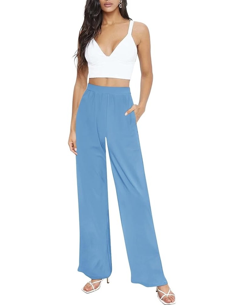 Womens Wide Leg Pants High Waist Business Casual Dress Pants Stretch Pull On Palazzo Lounge Pants A-long Blue $10.79 Pants